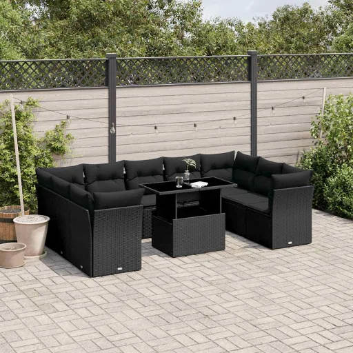 Set de Sofás de Jardín 10 Pzas Cojines Ratán Sintético Negro