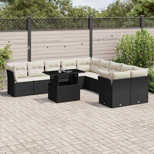 Set de Sofás de Jardín 11 Pzas y Cojines Ratán Sintético Negro