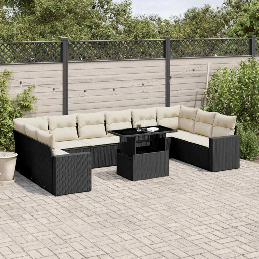 Set de Sofás de Jardín 11 Pzas y Cojines Ratán Sintético Negro
