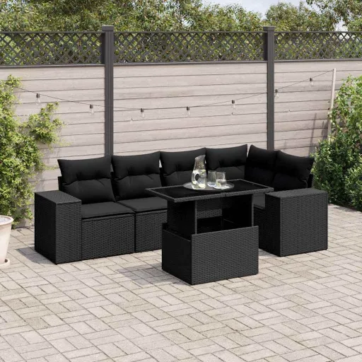 Set de Sofás de Jardín 6 Piezas y Cojines Ratán Sintético Negro