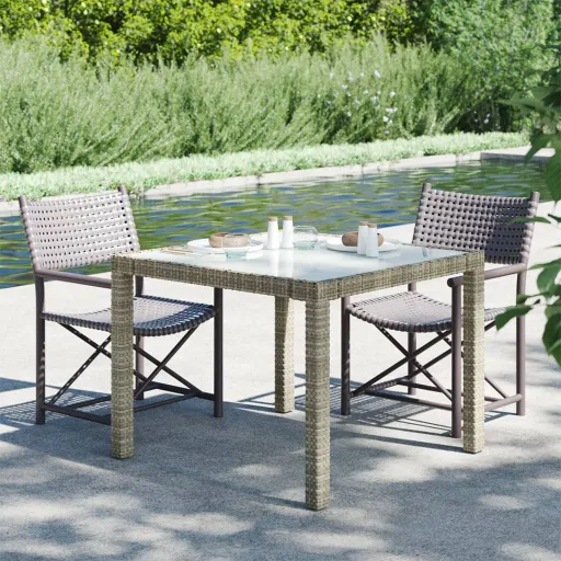 Mesa Jardín Vidrio Templado Ratán Sintético 90x90x75 cm Gris