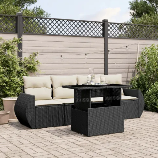 Set de Muebles de Jardín 5 Pzas y Cojines Ratán Sintético Negro