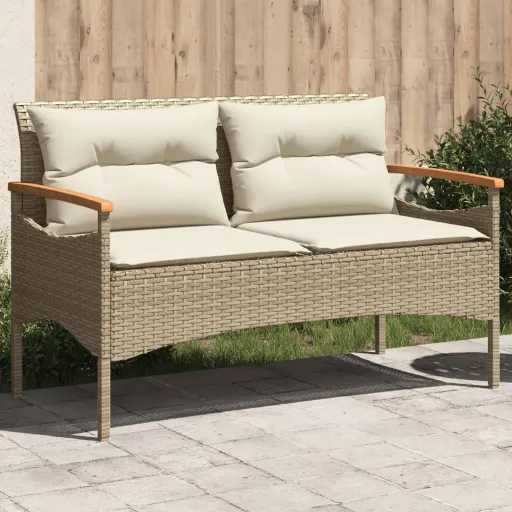 Banco de Jardín y Cojines Ratán Sintético Beige 116x62,5x74 cm