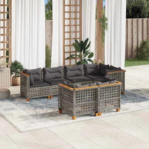 Set de Sofás de Jardín 7 Pzas Con Cojines Ratán Sintético Gris