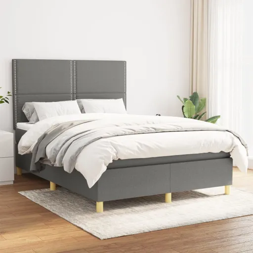 Cama Box Spring Con Colchón Tela Gris Oscuro 140x190 cm