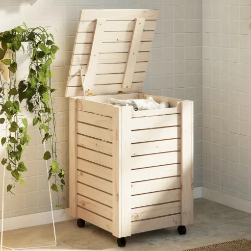 Cesta Ropa Sucia Con Ruedas RANA Madera Maciza Pino 45x45x64 cm