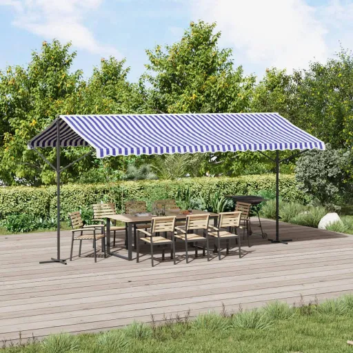Toldo de Pie Tela y Acero Azul y Blanco 500x300 cm