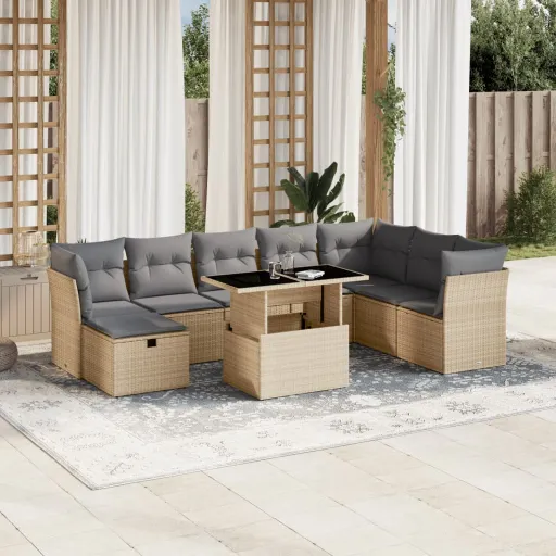 Set de Sofás de Jardín 9 Pzas Con Cojines Ratán Sintético Beige