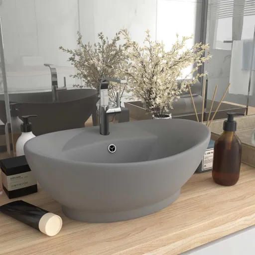 Lavabo Lujoso Ovalado Con Rebosadero Cerámica Gris Claro Mate