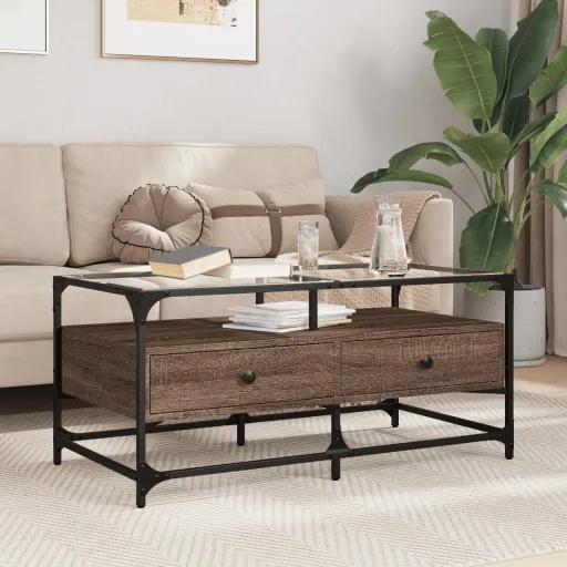 Mesa de Centro Con Puertas de Vidrio Marrón Roble 68,5x50x50 cm