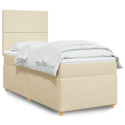 Cama Box Spring Con Colchón Tela Color Crema 90x190 cm