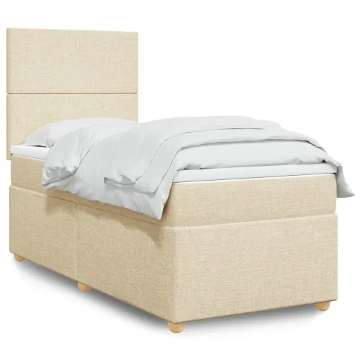 Cama Box Spring Con Colchón Tela Color Crema 90x190 cm