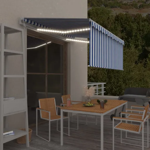 Toldo Automático Persiana LED Sensor Viento Azul Blanco 3x2,5 m
