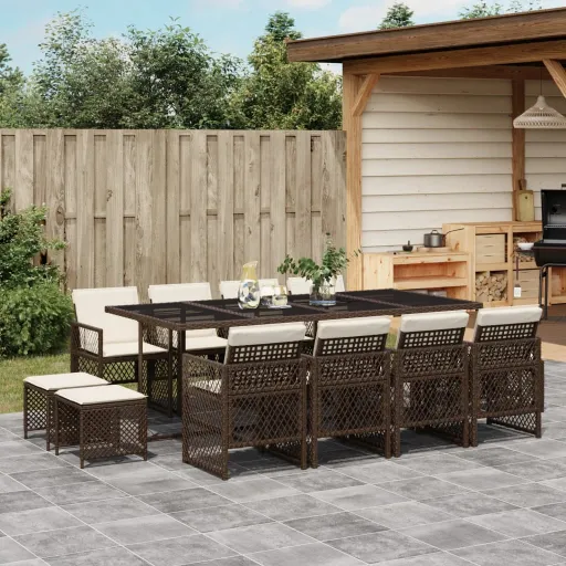 Set Muebles de Jardín 13 Pzas y Cojines Ratán Sintético Marrón