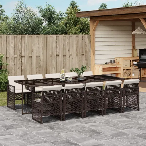 Set Comedor de Jardín 11 Pzas y Cojines Ratán Sintético Marrón