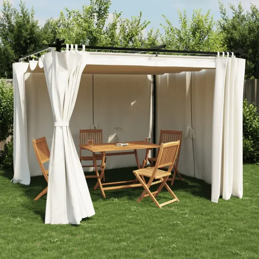Cenador Con Cortinas Acero Color Crema 3x3 m