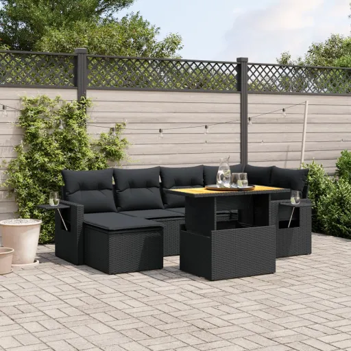 Set de Comedor de Jardín 7 Pzas y Cojines Ratán Sintético Negro