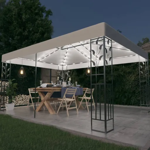 Cenador Con Doble Techo y Tira de Luces LED Blanco 3x4 m