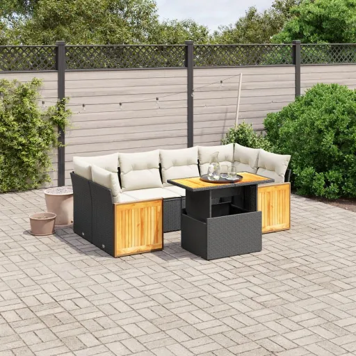 Set de Comedor de Jardín 7 Pzas y Cojines Ratán Sintético Negro