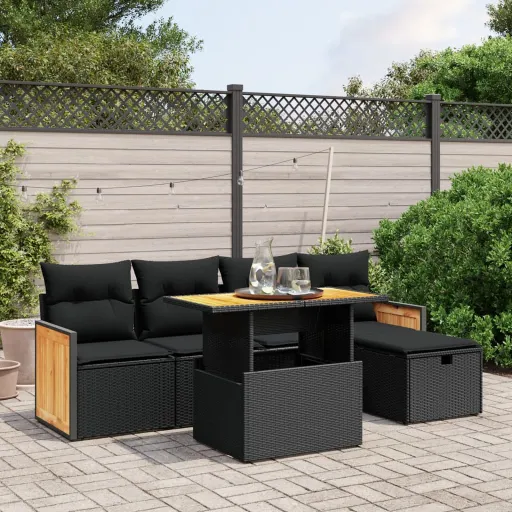Set de Sofás de Jardín 6 Piezas y Cojines Ratán Sintético Negro