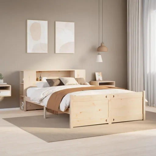 Cama Con Estantería Sin Colchón Madera Maciza de Pino 120x200cm