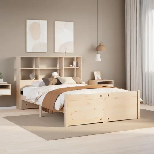 Cama Con Estantería Sin Colchón Madera Maciza de Pino 160x200cm