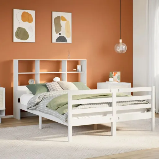 Cama Con Estantería Sin Colchón Madera Maciza Blanca 160x200 cm