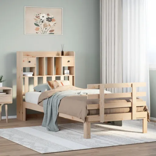 Cama Con Estantería Sin Colchón Madera Maciza de Pino 90x200 cm