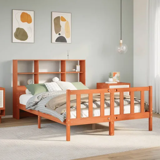 Cama Con Estantería Sin Colchón Madera Maciza Marrón 160x200 cm