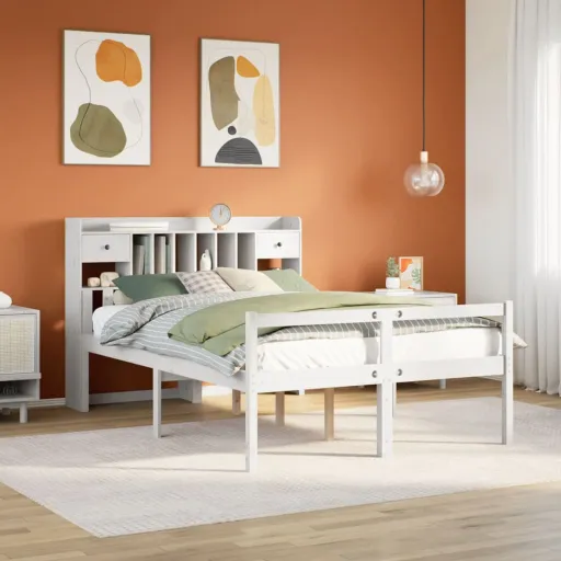 Cama Con Estantería Sin Colchón Madera Maciza Blanca 140x200 cm