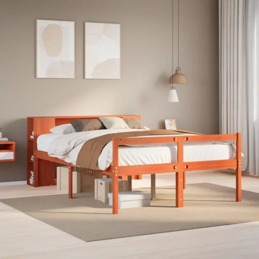 Cama Con Estantería Sin Colchón Madera Maciza Marrón 150x200 cm