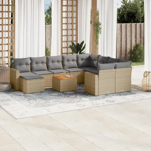 Juego de Sofás Jardín Con Cojines Beige Mezcla 11 Pzas Ratán PE