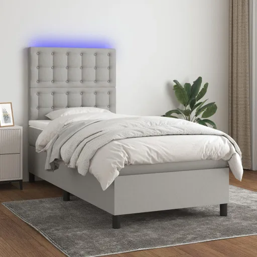 Cama Box Spring Colchón y Luces LED Tela Gris Claro 90x200 cm