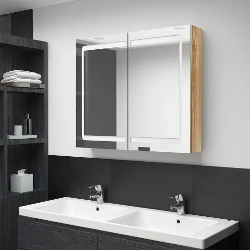 Armario de Baño Con Espejo y LED Color Roble 80x12x68 cm