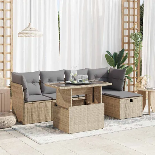Juego de Sofás Jardín Con Cojines 6 Pzas Ratán Sintético Beige