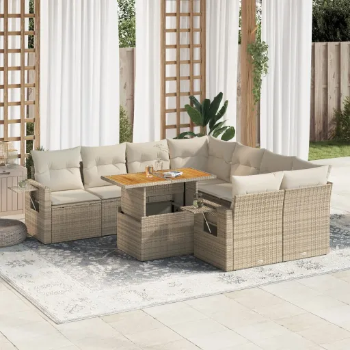 Set de Sofás de Jardín Con Cojines 9 Pzas Ratán Sintético Beige