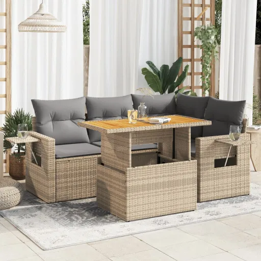 Juego de Sofás Jardín Con Cojines 5 Pzas Ratán Sintético Beige