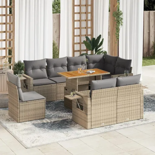 Set de Sofás de Jardín Con Cojines 9 Pzas Ratán Sintético Beige