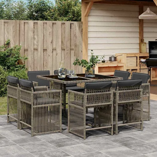 Set Comedor Jardín 9 Pzas y Cojines Ratán Sintético Gris
