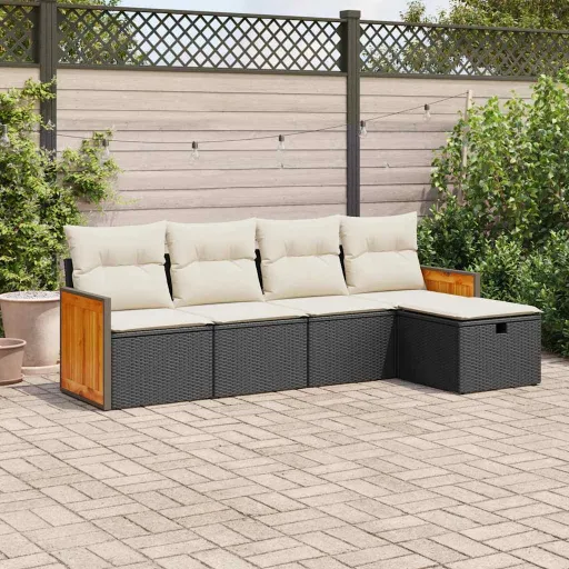 Set de Muebles de Jardín 5 Pzas y Cojines Ratán Sintético Negro