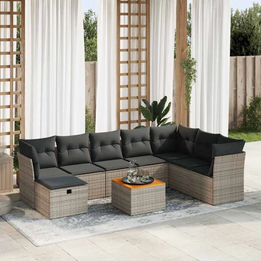 Set de Sofás de Jardín Con Cojines 9 Pzas Ratán Sintético Gris