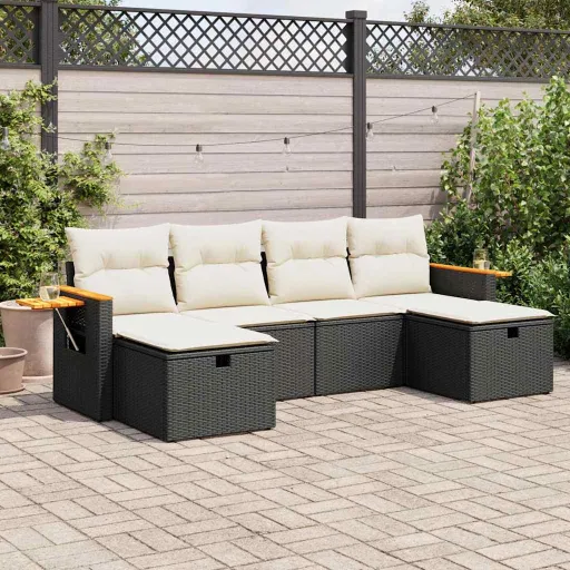 Set de Sofás de Jardín 6 Piezas y Cojines Ratán Sintético Negro