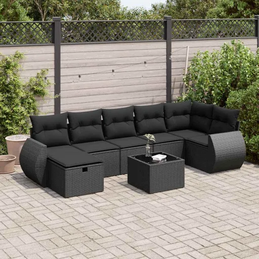 Set de Sofás de Jardín y Cojines 8 Piezas Ratán Sintético Negro