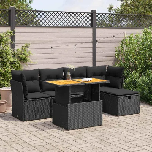 Set Sofás Jardín y Cojines 6 Pzas Ratán Sintético Acacia Negro