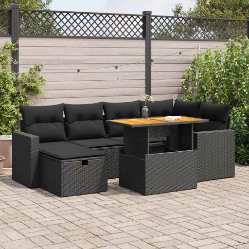 Set Sofás Jardín y Cojines 8 Pzas Ratán Sintético Acacia Negro