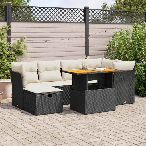 Set Sofás Jardín y Cojines 7 Pzas Ratán Sintético Acacia Negro