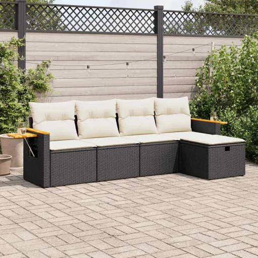 Set de Muebles de Jardín 5 Pzas y Cojines Ratán Sintético Negro