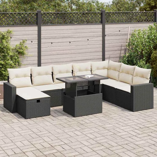 Set de Sofás de Jardín Con Cojines 9 Pzas Ratán Sintético Negro