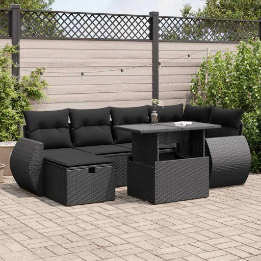 Set de Sofás de Jardín 7 Pzas Con Cojines Ratán Sintético Negro