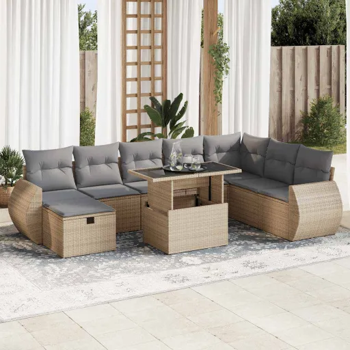 Set de Sofás de Jardín Con Cojines 9 Pzas Ratán Sintético Beige